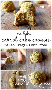 Paleo No-Bake Carrot Cake Cookies - nut free, vegan, no bake, 5 minutes prep! | Cook It Up Paleo